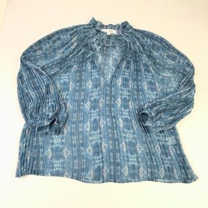 Intermix Pleated Blouse Blue Paisley 3/4 Sleeve V-Neck Sheer Shirt Top S Small